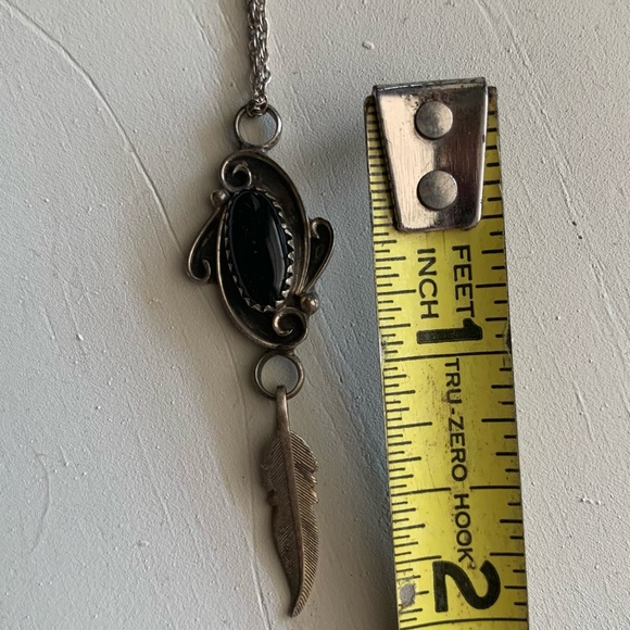 Native American Black Onyx, Sterling Silver Necklace with Feather - Picture 4 of 5